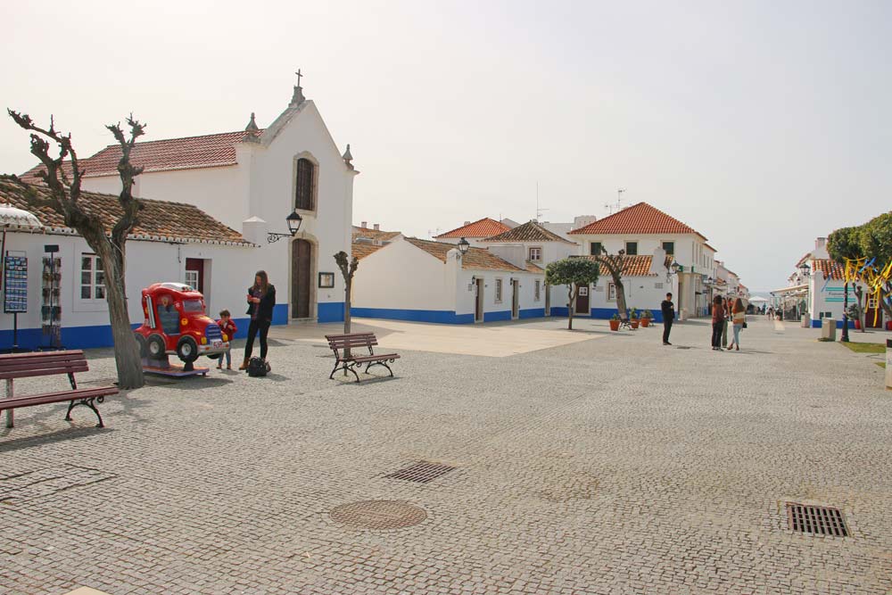 The center of Porto Covo, a small town on the Fishermen's Trail in Portugal