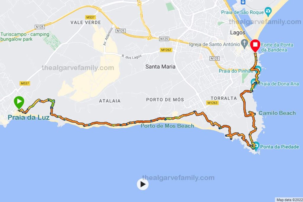 A route map of the walk from Praia da Luz to Lagos