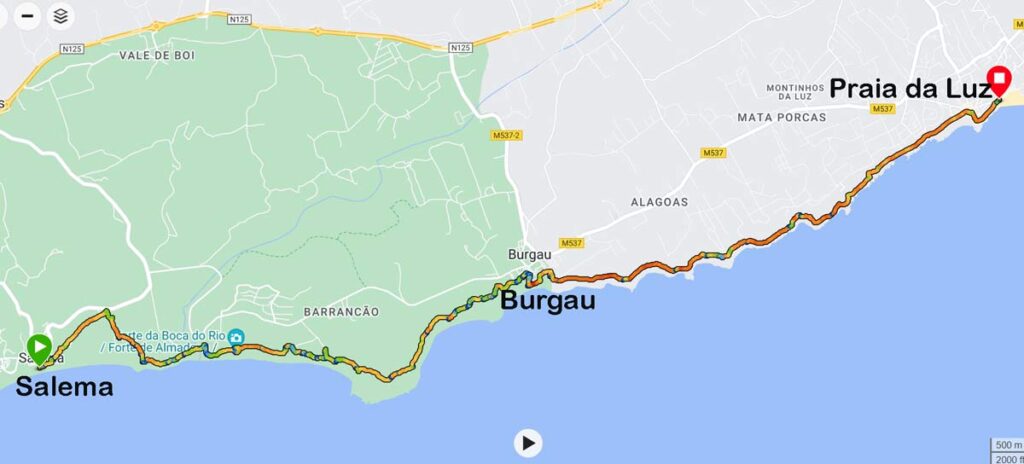 A route map of the coastal walk from Salema to Praia da Luz
